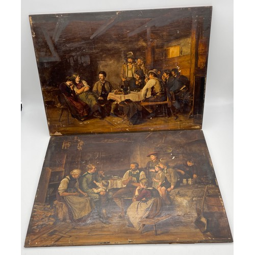 649 - PAIR OF PRINTS FRANZ DEFREGGER AUSTRIAN INTERIOR SCENES LAID ON PANEL UNFRAMED 39CM X 29CM APPROX