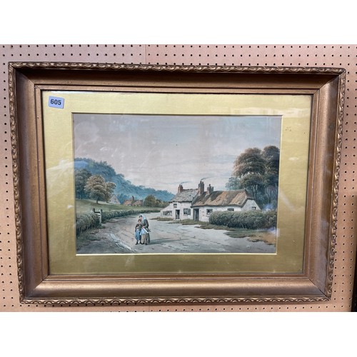 650 - HENRY MAGENIS 19TH CENTURY WATER COLOUR FIGURES ON A LANE BEFORE A COTTAGE SIGNED AND DATED 89 FRAME... 