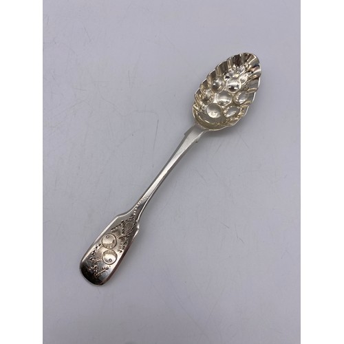 530 - ONE GEORGIAN SILVER AND PAIR OF VICTORIAN SILVER ENGRAVED BERRY TEASPOONS 1.7 OZ OVERALL APPROX