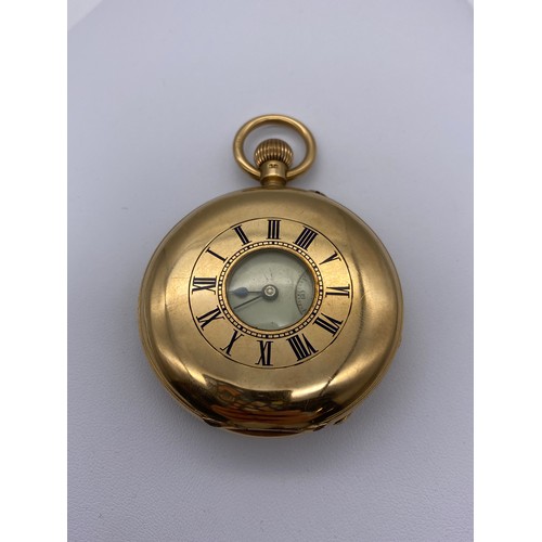 633 - GENTLEMANS 18CT GOLD HALF HUNTER POCKET WATCH WITH BLUE ENAMEL CHAPTER RING THE DIAL BY TP WRIGHT OF... 