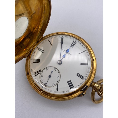 633 - GENTLEMANS 18CT GOLD HALF HUNTER POCKET WATCH WITH BLUE ENAMEL CHAPTER RING THE DIAL BY TP WRIGHT OF... 