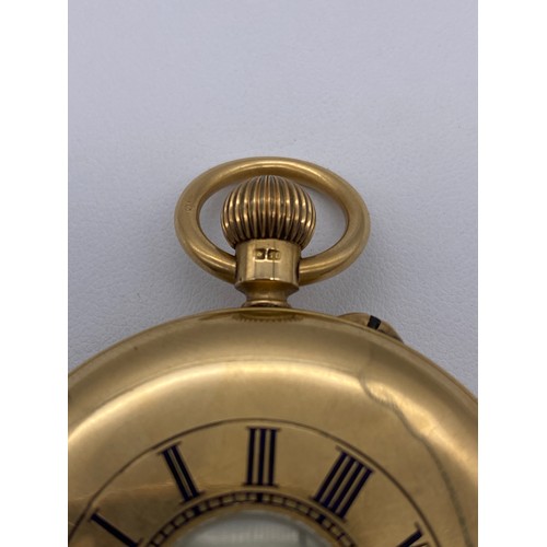 633 - GENTLEMANS 18CT GOLD HALF HUNTER POCKET WATCH WITH BLUE ENAMEL CHAPTER RING THE DIAL BY TP WRIGHT OF... 