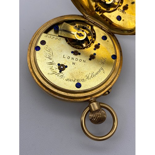 633 - GENTLEMANS 18CT GOLD HALF HUNTER POCKET WATCH WITH BLUE ENAMEL CHAPTER RING THE DIAL BY TP WRIGHT OF... 