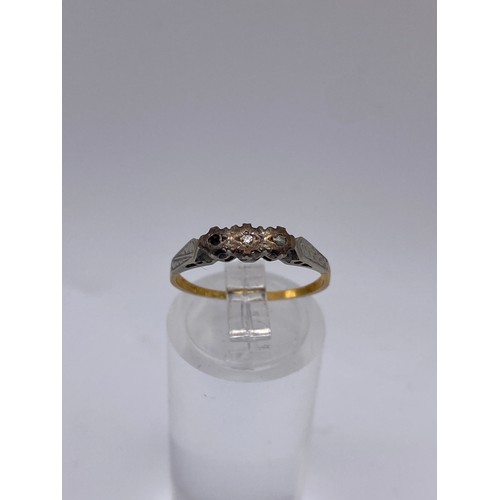 612 - 18CT GOLD AND PLAT DIAMOND CHIP RING (ONE STONE MISSING), AND A GOLD THREE STONE RING 3.2G APPROX