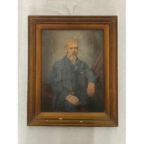 643 - ENGLISH SCHOOL OIL ON CANVAS PORTRAIT OF A SEATED GENTLEMAN WITH A CANE 40CM X 54CM APPROX