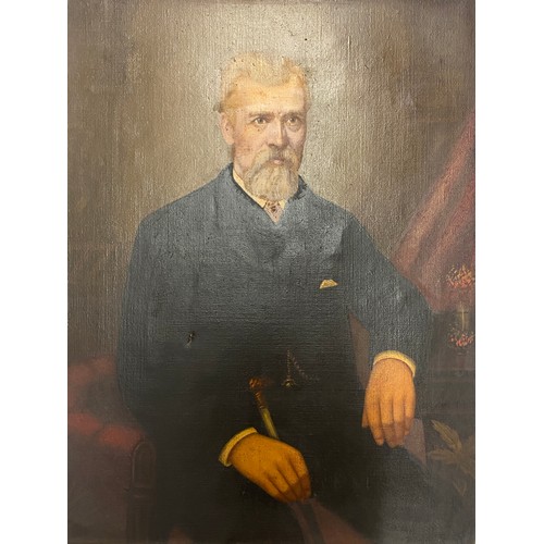 643 - ENGLISH SCHOOL OIL ON CANVAS PORTRAIT OF A SEATED GENTLEMAN WITH A CANE 40CM X 54CM APPROX