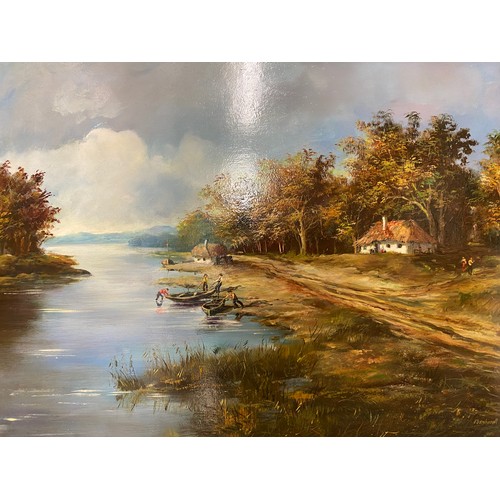 63 - OIL ON BOARD OF A HOUSE BY RIVERSIDE BY EBENHARDT IN GILT FRAME