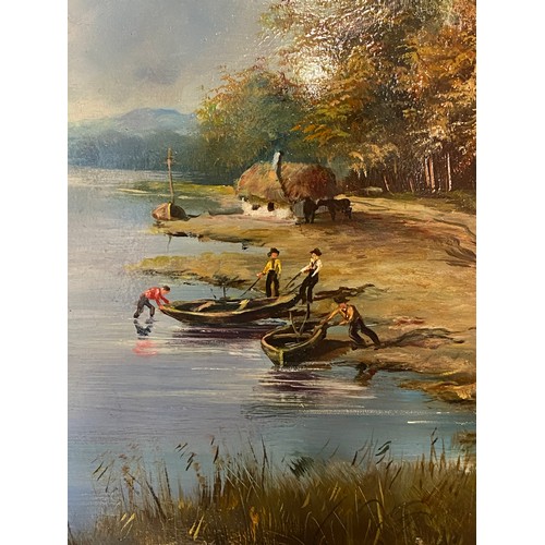 63 - OIL ON BOARD OF A HOUSE BY RIVERSIDE BY EBENHARDT IN GILT FRAME