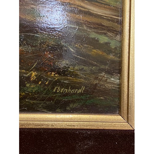 63 - OIL ON BOARD OF A HOUSE BY RIVERSIDE BY EBENHARDT IN GILT FRAME