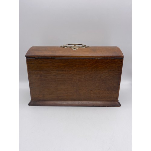 593 - LATE VICTORIAN EDWARDIAN OAK DESK BOX WITH STRAP WORK MOUNTS