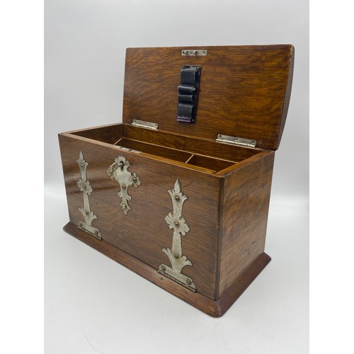 593 - LATE VICTORIAN EDWARDIAN OAK DESK BOX WITH STRAP WORK MOUNTS