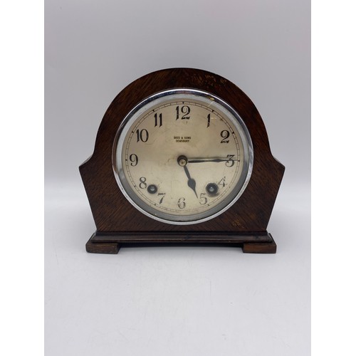 496 - DISS AND SONS EIGHT DAY ARCHED CASED MANTLE CLOCK AND SMITHS ENFIELD MANTLE CLOCK