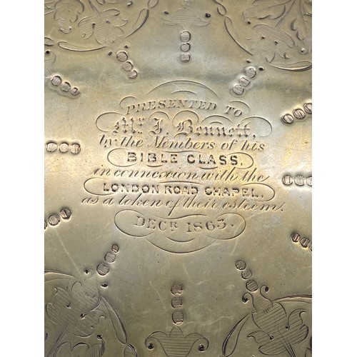 520 - VICTORIAN PLATED SALVER WITH SCROLL FEET WITH PRESENTATION INSCRIPTION FOR DECEMBER 1863