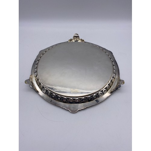 520 - VICTORIAN PLATED SALVER WITH SCROLL FEET WITH PRESENTATION INSCRIPTION FOR DECEMBER 1863