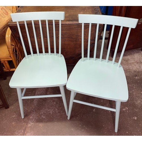 28 - PAIR OF TURQUIOSE PAINTED STICK BACK DINING CHAIRS