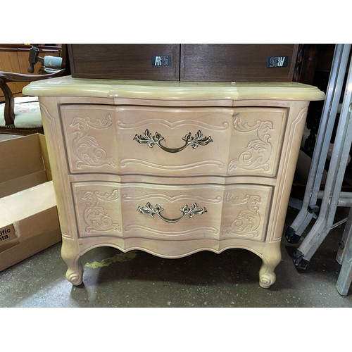 2 - FRENCH STYLE LIGHT WOOD SERPENTINE CHEST OF TWO DRAWERS