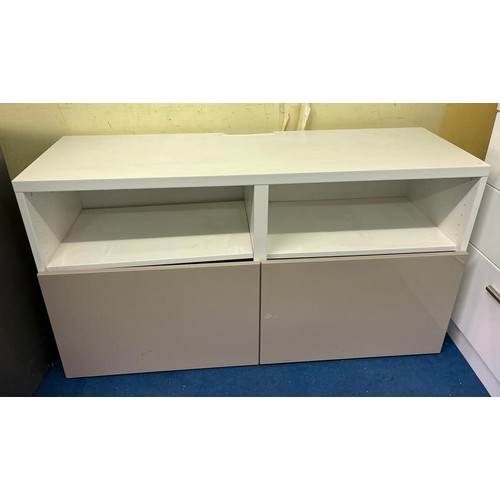 55 - WHITE AND TAUPE GLOSS MEDIA CUPBOARD