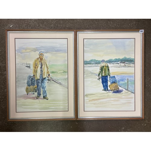 79 - DELENE VEBB WATER COLOURS FISHERMAN ON A WHARF A PAIR 41CM X 58CM APPROX