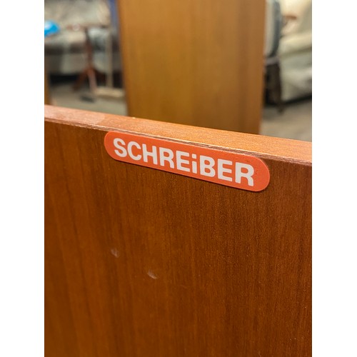 48 - SCHREIBER 1970S TEAK EFFECT DRESSING TABLE WITH CIRCULAR MIRROR AND BEDSIDE UNIT