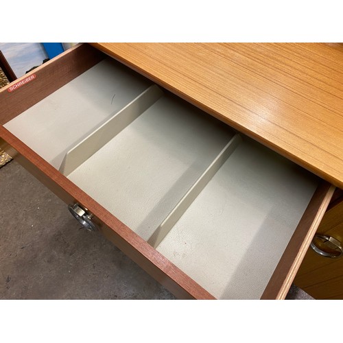 48 - SCHREIBER 1970S TEAK EFFECT DRESSING TABLE WITH CIRCULAR MIRROR AND BEDSIDE UNIT