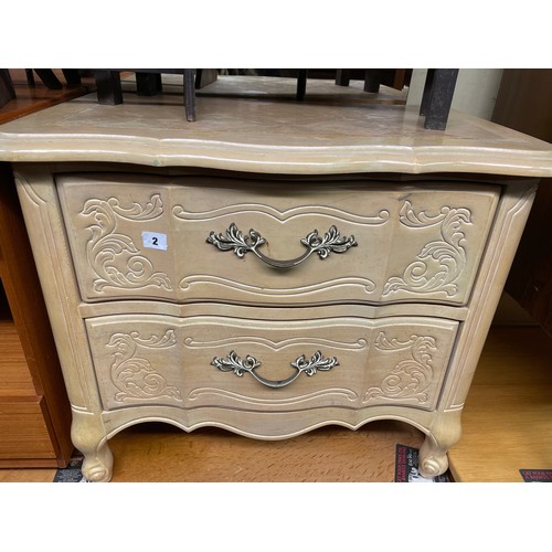 2 - FRENCH STYLE LIGHT WOOD SERPENTINE CHEST OF TWO DRAWERS