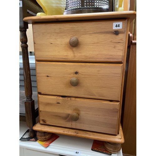 44 - PINE THREE DRAWER BEDSIDE CHEST