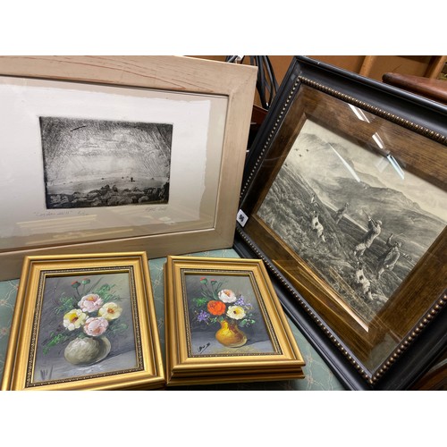 96 - SMALL PAIR OF OILS ON PANEL OF STILL LIFE FLOWERS, LIMITED EDITION ETCHING 2/20 COSDEN HILL, AND GRO... 