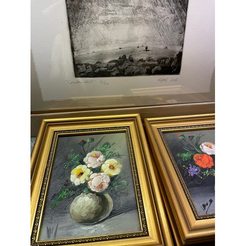 96 - SMALL PAIR OF OILS ON PANEL OF STILL LIFE FLOWERS, LIMITED EDITION ETCHING 2/20 COSDEN HILL, AND GRO... 