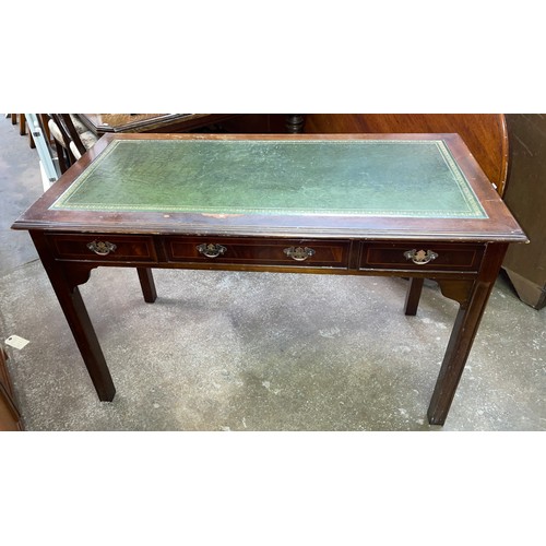 136 - REPRODUCTION GEORGE III STYLE MAHOGANY LEATHER TOPPED WRITING TABLE FITTED WITH THREE DRAWERS