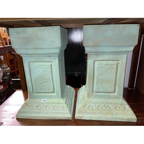 138 - PAIR OF GREEN FIBRE GLASS SQUARE SECTION PATIO PEDESTALS