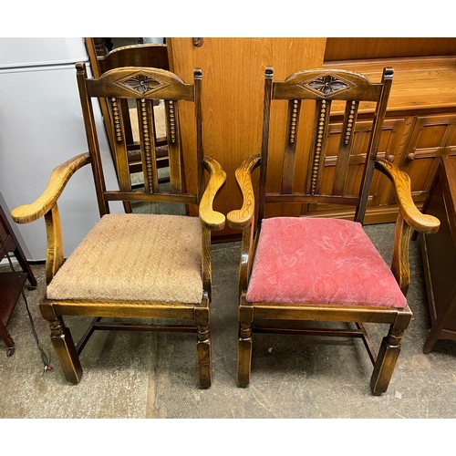 149 - PAIR OF BEECH SLAT BACK ELBOW CHAIRS WITH DROP IN SEATS