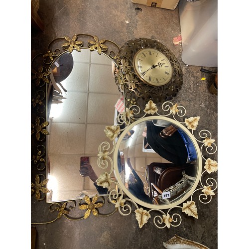 157 - METAMEC BATTERY WALL CLOCK, WROUGHT IRON CIRCULAR FRAMED MIRROR AND ARCHED MIRROR