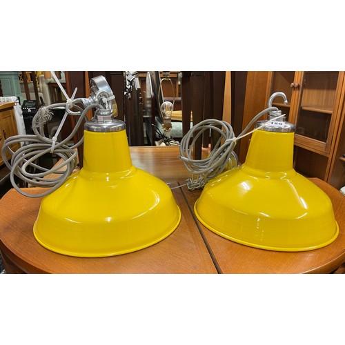 129 - PAIR OF YELLOW INDUSTRIAL HANGING LAMP SHADES