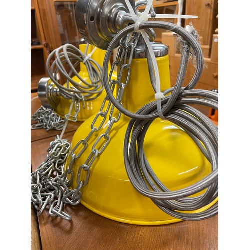 129 - PAIR OF YELLOW INDUSTRIAL HANGING LAMP SHADES