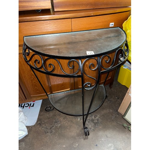 175 - WROUGHT IRON GLASS TOPPED DEMI LUNE TABLE