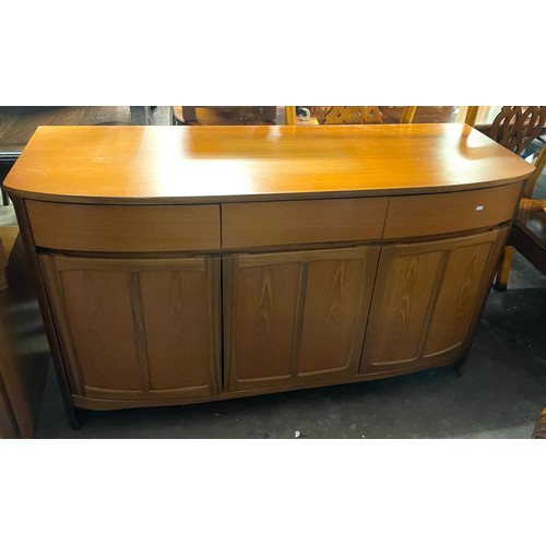 178 - QUALITY TEAK BOW FRONTED SIDE CABINET FITTED WITH THREE DRAWERS