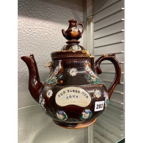 283 - VICTORIAN TREACLE GLAZE BARGE TEAPOT AS FOUND