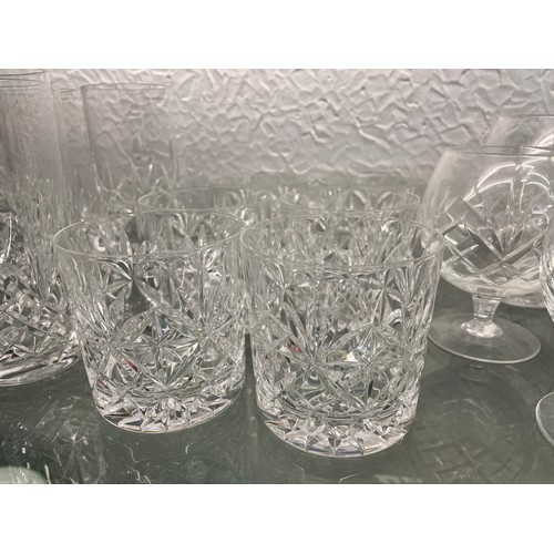 299 - SHELF OF MAINLY ROYAL BRIERLEY CUT GLASSWARE INCLUDING TUMBLER, WINES, HIGHBALLS