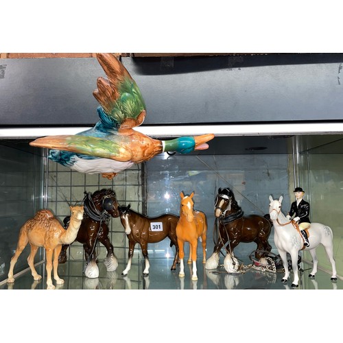 301 - BESWICK CAMEL, BESWICK LARGE FLYING GEESE PLAQUE, SHIRE HORSE AND OTHERS, SOME AS FOUND