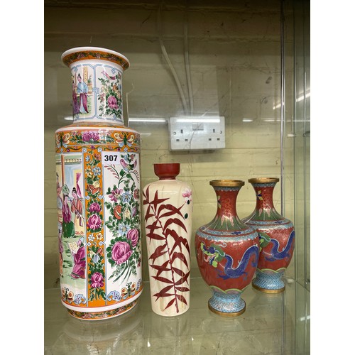 307 - 20TH CENTURY CHINESE ROULEAU VASE, PAIR OF CLOISIONNE ENAMEL VASES AS FOUND AND GLASS PAINTED VASE