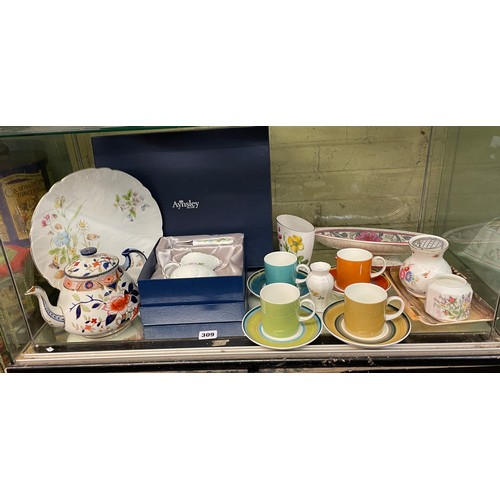 309 - WEDGWOOD FOR SUSIE COOPER DESIGN COFFEE CANS, AYNSLEY PLATE, JUG, AND MALING BOAT SHAPED BOWL