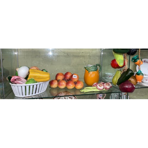 311 - POTTERY BOWL OF FRUIT, TANGERINE LEAF JUG, AND HANGING STRING OF ONIONS AND FRUIT