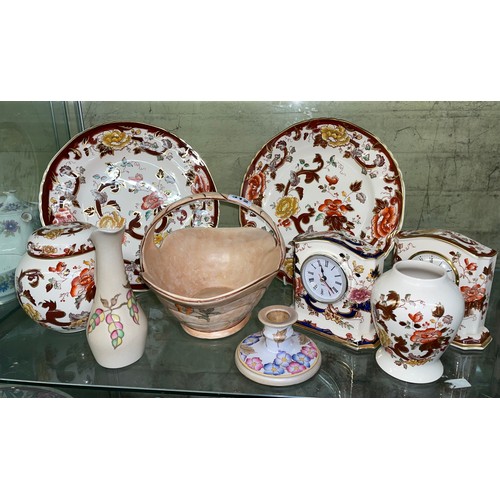 312 - HALF SHELF OF MASONS IRONSTONE BROWN VELVET PLATES, GINGER JAR, QUARTZ TIME PIECE, CHARLOTTE RHEAD C... 