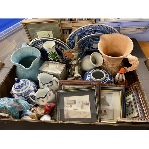 398 - TWO CARTONS OF MISCELLANEOUS CERAMICS, EMBROIDERED PICTURES, CASHS SILKS, GLASSWARE, ETC