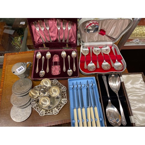 393 - CASED SETS OF PLATED CUTLERY, PEWTER MUSTARD AND ELECTRO PLATED EGG CRUET