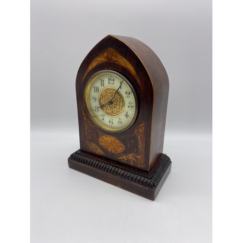 421 - EDWARDIAN MANTLE TIME PIECE WITH FRENCH MOVEMENT IN A MARQUETRY STYLE LANCET CASE