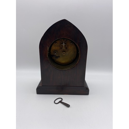 421 - EDWARDIAN MANTLE TIME PIECE WITH FRENCH MOVEMENT IN A MARQUETRY STYLE LANCET CASE