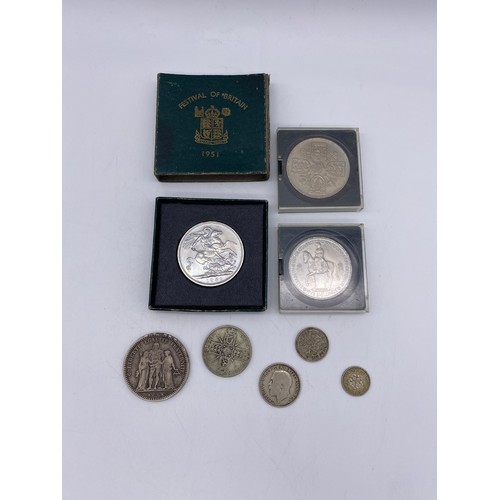 444 - FESTIVAL OF BRITAIN 1951 CROWN, TWO FIVE SHILLING COIN, FRENCH FIVE FRANC PIECE OF 1848 AND SOME OTH... 