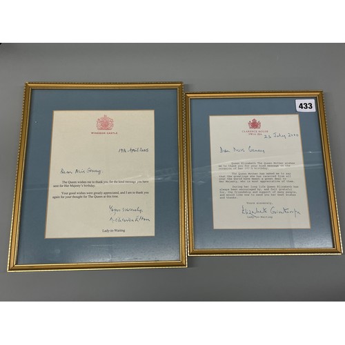 433 - ROYAL CORRESPONDANCE FROM CLARENCE HOUSE AND WINDSOR CASTLE FRAMED AND GLAZED