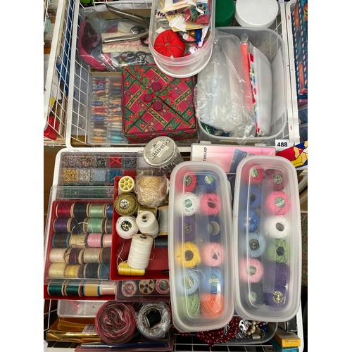 409 - TWO TRAYS OF CRAFTING ITEMS STITCHED CARDS, BOXES OF THREAD AND YARNS, SEQUINS, ETC